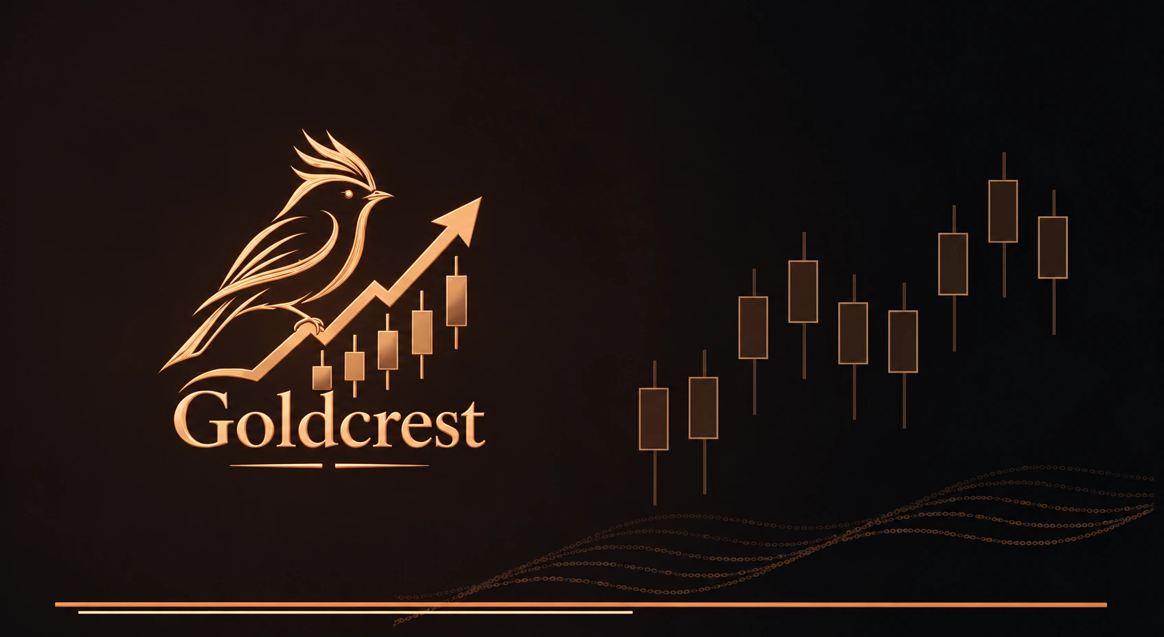 Detailed copper Goldcrest bird, wordmark, and rising market artwork