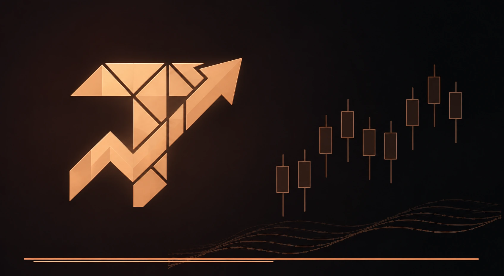 Detailed faceted copper Tessera rising-arrow and market artwork