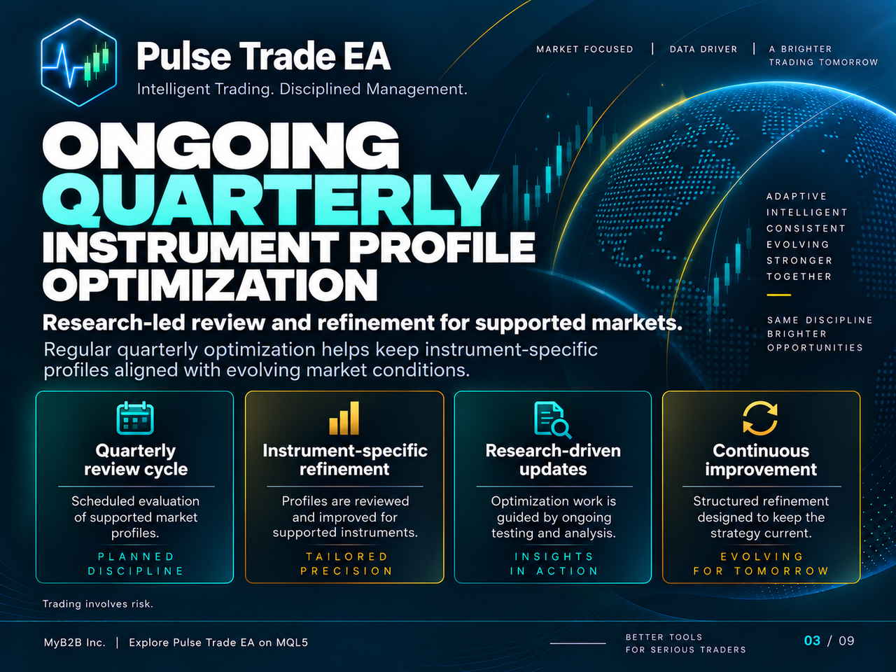 Marketing illustration about the Pulse Trade research review process; not automatic terminal re-optimization